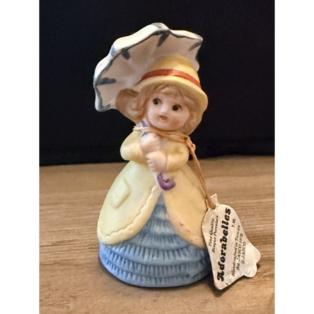 Vintage Adorabelles Bell Bisque Porcelain Little Girl Rainy Day Umbrella w/ Tag